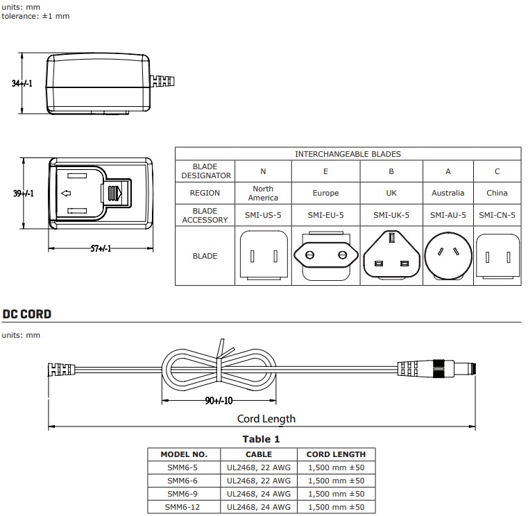 Mechanical Drawing - CUI Inc SMM6 Wall-Mount AC Adapters